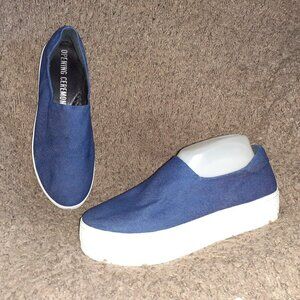 OPENING CEREMONY-Cici-Navy Denim Flatform Sneakers-Slip-On-Sz 39-Near Mint